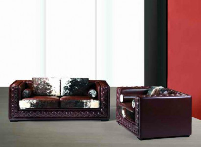 Dunkelrote Chesterfield Sofagarnitur 3+2 Sitzer 2tlg. Leder-Set mit Ponyfell 